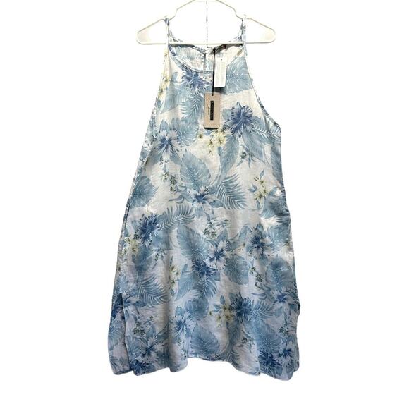 NWT Lungo L’arno M 100% Linen Pockets White Blue Dress Coverup Italy Euro Vaca - Picture 1 of 11